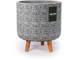 MA'AM Pottery Lian bloempot op poten met artistiek face design - D21xH17 (+10cm houten poten) - wit/licht grijs