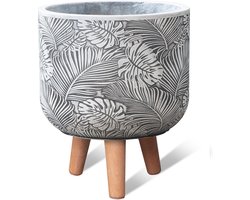 MA'AM Pottery Quinn bloempot op voet/poten/standaard - wit - exotisch bloem design - houten pootjes - trendy plantenpotten - diameter 30cm - binnen/buiten