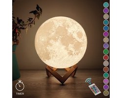Maanlamp 3D Tafellamp 15 cm - 18 cm, 20 cm, 24 cm Via Menu - Maan Lamp met Timer Functie - Accu 15 tot 89 uur - 16 Dimbare LED Kleuren & Afstandsbediening - Extra Realistisch - Mooi Voor op het Bureau - Eyecatcher - Mileau vriendelijk - Zen - Kalmte