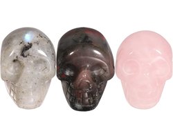 Maansteen en Afrika bloedsteen en rozenkwarts mini-helende kristal mens schedel, 1 inch handgesneden stenen beeldje sculpturen decor, verpakking van 3 stuks