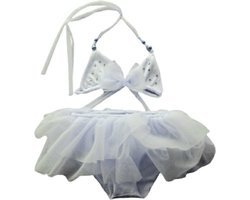 Maat 164 Luxe Bikini zwemkleding Wit met steentjes en strik badkleding tule rok voor baby en kind zwem kleding