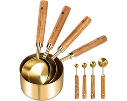 Maatbekers en maatlepels - 8 Stuks - Koffielepel - Maatbekerset - Koffiemaatlepel - Met houten handvat - Roestvrijstalen maatbekers - Voor bakken - Doseerlepels - keukengereedschap - voor eiwitsupplementen - koffie - melkpoeder - bakken - koken
