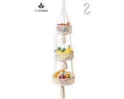 Macramé 3-Laags Hangende Fruitmand - Bohemian Mand Plantenhanger - Handgemaakt Katoen Touw Fruitschaal Hangmand - Boho Ophangbaar Etagere - Decoratieve Fruit Schaal/Basket - Opbergmand organizer - Keuken/Balkon Decoratie - Hangpot voor Binnen/Buiten