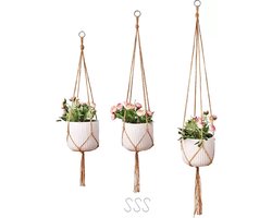Macrame Bloempotten Set van 3 - 90-105-120 cm - Katoenen Plantenhangers met Metalen Haken voor Kamerplanten Woonkamer Balkon - Boho Decoratie