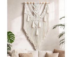 Macramé boho wanddecoratie 70 x 40 cm – handgemaakt wandkleed van 100% katoen met franjes, retrostijl wanddecoratie voor woonkamer en slaapkamer