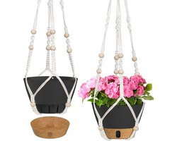 Macrame Hangende Plantenbak 20 cm - Binnen en Buiten Planten - Zelf Water gevende Bloempot - Afwateringsgat - Zichtbare Niveau Schaal - Donkergrijs - Set van 2 Flower Hanger