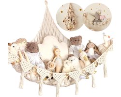 Macramé Knuffeldieren Hangmat - Boho Stijl Speelgoed Opbergnet voor Kinderkamer | Ruimtebesparende Ophangorganizer voor Knuffels | Stevig Geweven Katoen met Veilig Bevestigingssysteem | Eenvoudig te Installeren