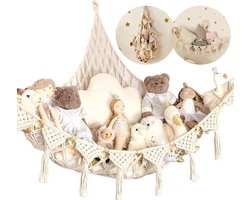 Macramé Knuffeldieren Hangmat - Boho Stijl Speelgoed Opbergnet voor Kinderkamer | Ruimtebesparende Ophangorganizer voor Knuffels | Stevig Geweven Katoen met Veilig Bevestigingssysteem | Eenvoudig te Installeren