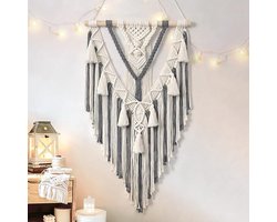 Macrame Muur Opknoping Geometrisch Geweven Wandtapijt Beige Katoen Handgemaakte Bohemian Art met Kwastje Craft Ornament voor Slaapkamer Woonkamer Appartement Kwekerij (Grijs)