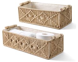 Macrame opbergmanden Boho Decor Box handgemaakte geweven decoratieve aanrecht toilet tank plank kast organizer voor slaapkamer kinderkamer woonkamer huis, set van 2, bruin