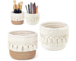 Macramé Pennenhouder Set van 2 Stukken, Desk Organizer met Kwastjes, Beige en Jute, 12 cm x 10 cm, Creatief Bureau Accessoire