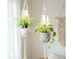 Macramé Plantenhanger - Hangende Plantenbak - Kamerplanten Verlichten - Met Ingebouwd Groeilicht - Set van 2 - Ivoor