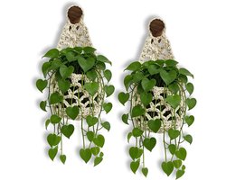 Macrame Plantenhangers - 2 stuks - Boho Katoen Hangpot - Hangende Bloempot met Kralen - Macramé Touw/Koord Hangplant Houder - Bohemian Wandhanger Decoratie - Plant Hanger - Verticale Tuin Bloempothouder Planthanger - Voor Binnen/Buiten - Wit