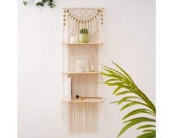 Macramé wanddecoratie, 3-traps drijvende planken voor slaapkamer, badkamer, kinderkamer, boho-decoratie, voor bloemenpotten