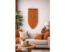 Macramé Wanddecoratie Bruin met Houten Stok, Handgemaakte Boho Wandhanger voor Woonkamer, Slaapkamer en Hal, Decoratieve Muurhanger van Katoen in Aardetinten, Interieur Decoratie voor Modern en Landelijk Interieur -095-bruin