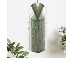 Macrame Wanddecoratie met Beige en Groene Kwast, Houten Kralen en Handgemaakt Katoen voor Slaapkamer, Woonkamer en Kantoor - Bohemian Wandkunst en Dromenvanger