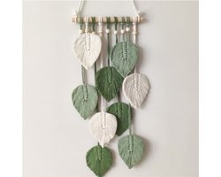 Macramé wanddecoratie met bladeren - Boho handgemaakte geweven bladkwasten - cadeau-ideeën voor de kinderkamer, slaapkamer en woonkamer (groen,60cm)
