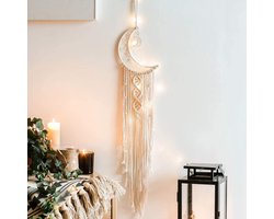 Macramé Wanddecoratie Met Maan - Muur Hanger - Dromenvanger - Slaapkamer Decoratie - Woonkamer Decor - Muur Kunst - Bohemian Stijl - Natuurlijke Katoen - Lange Franjes