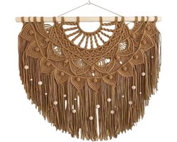 Macramé wandkleed - Boho decoratie - Muur decoreren - Handgeweven kunstwerk - 80x70cm - Naturel