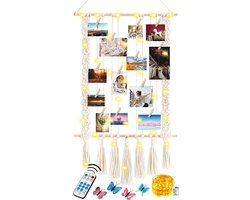 Macramé Wandkleed Fotohanger met 16 Mini Knijpers - Handgemaakt Fotorek\Fotokader Memobord - Fotolijst Collage Kaartenhouder - Boho Woonkamer Fotohouder -Woonkamer Wanddoek Tapestry Fotoslinger -Slaapkamer Fotoslinger - Fotodraad Decoratie