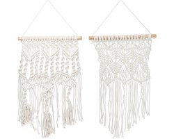 macramé wandkleed set - 2 stuks - handgeweven - boho - katoen - hout - crème