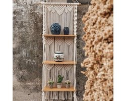 Macramé wandophanging met 3 dieren - handgemaakt, geweven, kwastjes - houten organizer planken - wand drijvende kleerhangers - woondecoratie