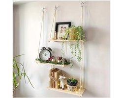 Macramé Wandplank 3 Laags - Wandkleed - Boho Wandrek met Houten Planken - Plantenrek Muurdecoratie voor Woonkamer Slaapkamer Badkamer - Inclusief Spijkervrije Haken