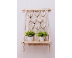 Macramé Wandplank - Boho Wanddecoratie - Handgemaakt Katoen & Grenenhout - Wandrek Zwevend - 50 x 70 cm - Ecru