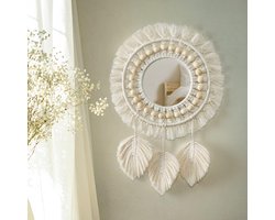 Macrame wandspiegel wanddecoratie ronde spiegel Boho hangende wandspiegel met macrame veer handgemaakt katoenen touw ronde spiegel voor appartement slaapkamer huisdecoratie beige
