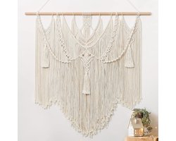 Macramé wandtapijt, boho-decoratie, groot handgeweven tapijt, slaapkamer, wanddecoratie, woonkamer, balkondecoratie, 90 x 90 cm (beige)
