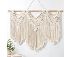 Macramé wandtapijt, groot, boho, geweven wandtapijt, bladeren, kwast, Boheems tapijt, katoenen touw, macramé, wanddecoratie voor slaapkamer, woonkamer, achtergrond (houten kralen)