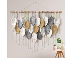 Macramé wandtapijt, groot wandtapijt, geweven wandtapijt, boho, macramé, wandtapijt, wandkleed, bladeren, veer, wanddecoratie, chique geweven kunst voor slaapkamer, woonkamer, decoratie
