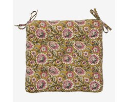 Madam Stoltz - Katoenen stoelkussen 45x45cm - Mosterd/roze bloemenprint