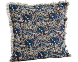 Madam Stoltz - Kussenhoes met franjes - 50x50cm - bruin blauw ecru