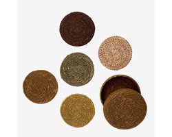 Madam Stoltz - Onderzetters Zeegras in Houder – Set van 5 Warme Kleuren – Ø 12 cm