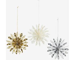 Madam Stoltz - papieren sneeuwvlokken hangers - set van 3 - wit, goud, zilver