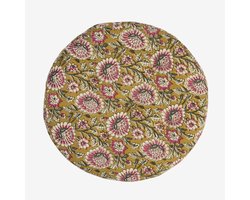 Madam Stoltz - Rond Katoenen Stoelkussen 45cm - Mosterdgeel met Bloemenprint
