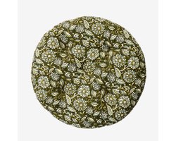 Madam Stoltz - Rond Zitkussen - Groen-Witte Bloemenprint - 100% Katoen