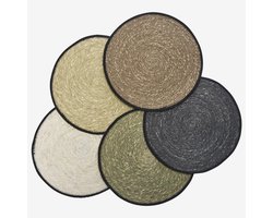 Madam Stoltz - Set van 5 Ronde Zeegras Placemats met Zwarte Rand - Koele Kleuren
