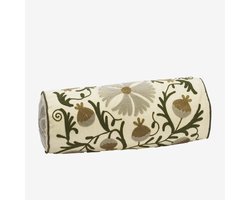 Madam Stoltz - Suzani handgeborduurd bolster kussen - Ecru - 20x55 cm