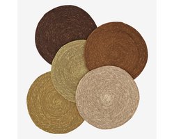 Madam Stoltz - Zeegras Placemats set van 5 in bruin, oranje, geel, groen, lichtroze - 32 cm