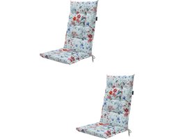 Madison tuinkussens - 2 stuks - Hoge Rug- Milly Indigo - 123x50cm - tuinstoelkussens - Wit - Blauw- Gebloemd - Met Lint -Extra Dik - Outdoor