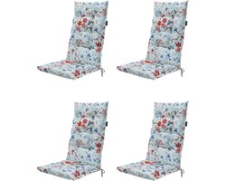 Madison tuinkussens - 4 stuks - Hoge Rug- Milly Indigo - 123x50cm - tuinstoelkussens - Wit - Blauw- Gebloemd - Met Lint -Extra Dik - Outdoor