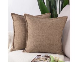 Madizz Set van 2 Polyester Linnen Kussenhoezen Zachte Decoratieve Kussenhoezen voor Bank Slaapkamer Kussensloop Lichtbruin 50x50 cm Vierkant