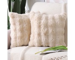Madizz Set van 2 zachte, pluche, korte, decoratieve, wollen, fluwelen kussenslopen. Luxe kussenhoes voor bank, slaapkamer, beige, 65x65 cm.