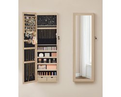 Madonna hangende sieradenkast - afsluitbare sieradenkast met spiegel - spiegelkast - wandkast met spiegel en meerdere vakken - aan de muur gemonteerd - hangend aan de deur - voor kettingen - oorbellen - eiken