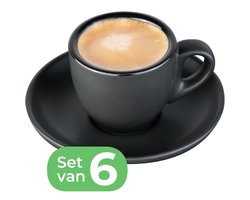 Maevory ESPRESSO Kopjes - KLEIN - Met schotel - Met oor - Mat zwart - 65ml - Set van 6