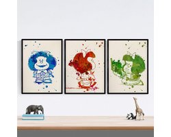 Mafalda Poster Set - Wanddecoratie Kinderkamer - Muur Decoreren - Drie Kleuren Ontwerp - 30x40 cm - Multicolor