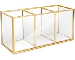 MAGIIN Retro Deco Sieradendoos Metaal Goud Messing Kleur Transparant Glas 3 Compartimenten - Scandinavische Stijl Vintage Sieraden Opbergdoos Make-up Sieradenbakje Cosmetische Tray Voor Dressoir, Badkamer
