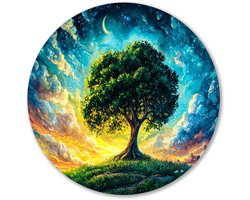 Magische boom onder sterrenhemel - Boom muurdecoratie rond - Wandobject rond natuur - Surrealistisch - Wandkunst rond - Wanddecoratie slaapkamer - muurcirkel aluminium 90x90 cm
